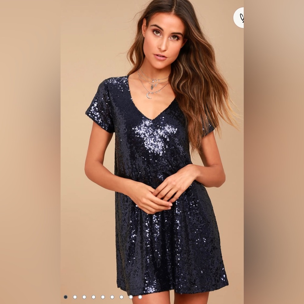 LuLu’s Light Up the Night Navy Blue Sequin Shift Dress size XS